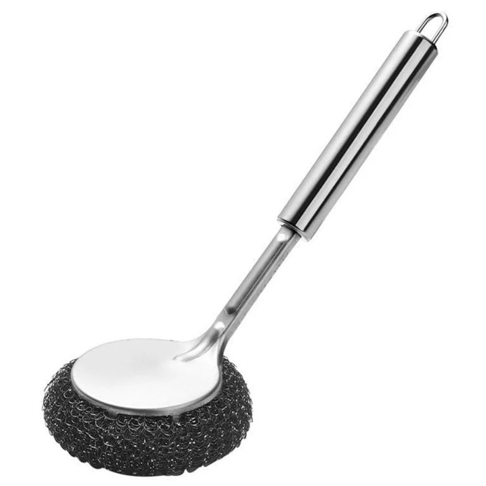 Stainless Steel Dish Scrubber Handle with Removable Scrubbing Pad for Dishes, Pots, Pans, Cast Iron Cookware, Baking Dishes - Silver
