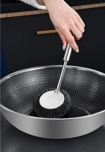 Stainless Steel Dish Scrubber Handle with Removable Scrubbing Pad for Dishes, Pots, Pans, Cast Iron Cookware, Baking Dishes - Silver