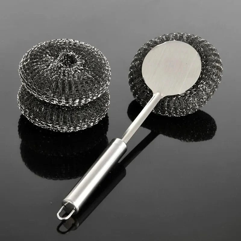 Stainless Steel Dish Scrubber Handle with Removable Scrubbing Pad for Dishes, Pots, Pans, Cast Iron Cookware, Baking Dishes - Silver
