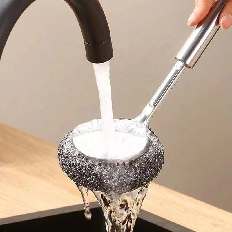 Stainless Steel Dish Scrubber Handle with Removable Scrubbing Pad for Dishes, Pots, Pans, Cast Iron Cookware, Baking Dishes - Silver