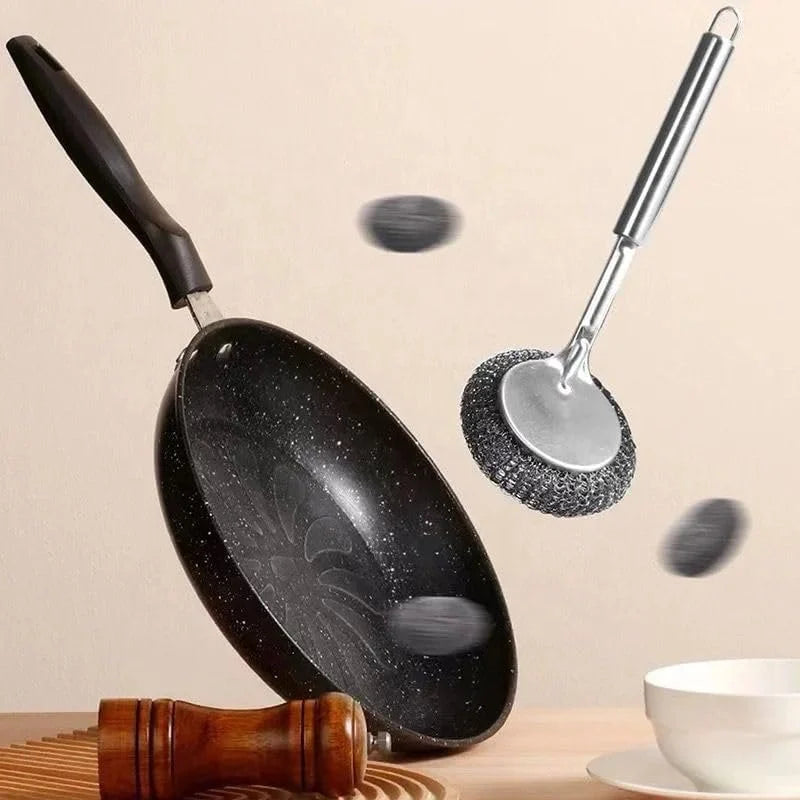 Stainless Steel Dish Scrubber Handle with Removable Scrubbing Pad for Dishes, Pots, Pans, Cast Iron Cookware, Baking Dishes - Silver