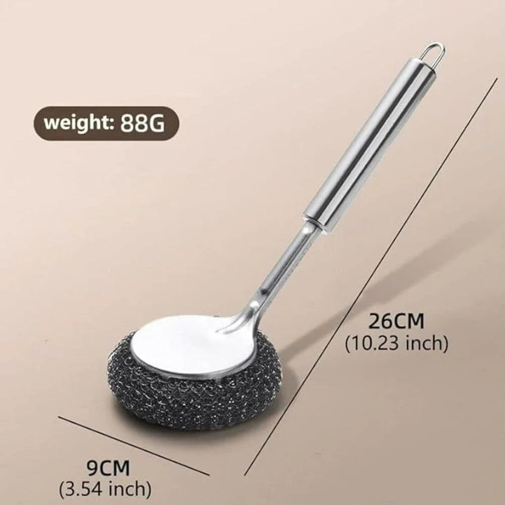 Stainless Steel Dish Scrubber Handle with Removable Scrubbing Pad for Dishes, Pots, Pans, Cast Iron Cookware, Baking Dishes - Silver