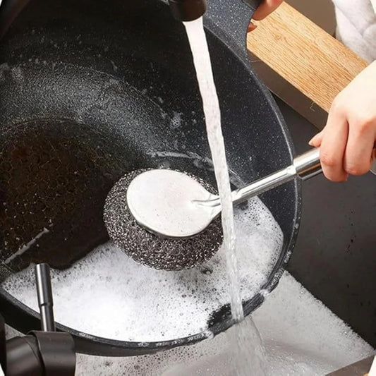 Stainless Steel Dish Scrubber Handle with Removable Scrubbing Pad for Dishes, Pots, Pans, Cast Iron Cookware, Baking Dishes - Silver